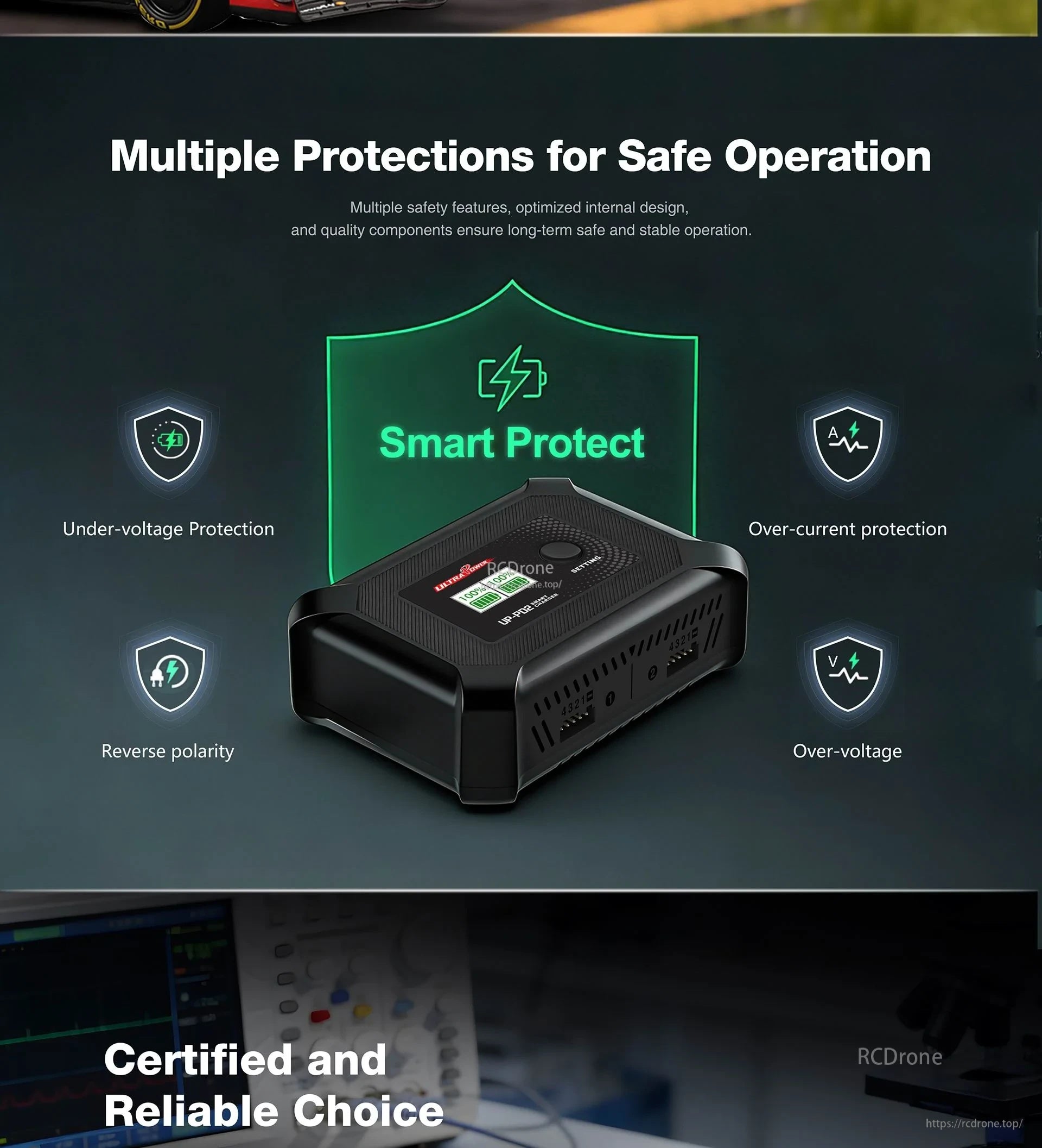 UP-PD2 smart protection graphic highlighting under-voltage, over-current, over-voltage and reverse polarity safeguards