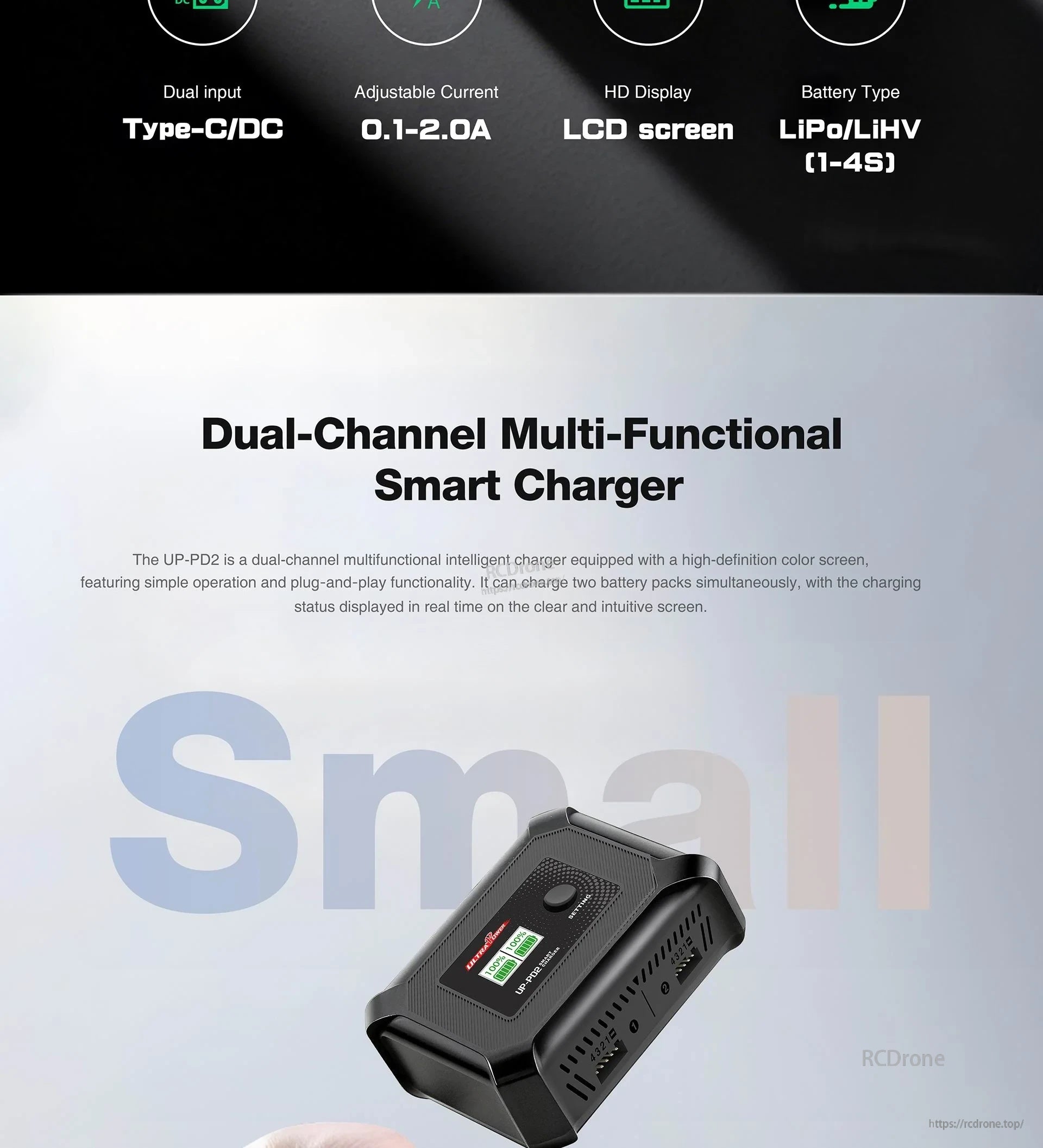 UP-PD2 smart dual-channel charger front view with color LCD status screen and control dial