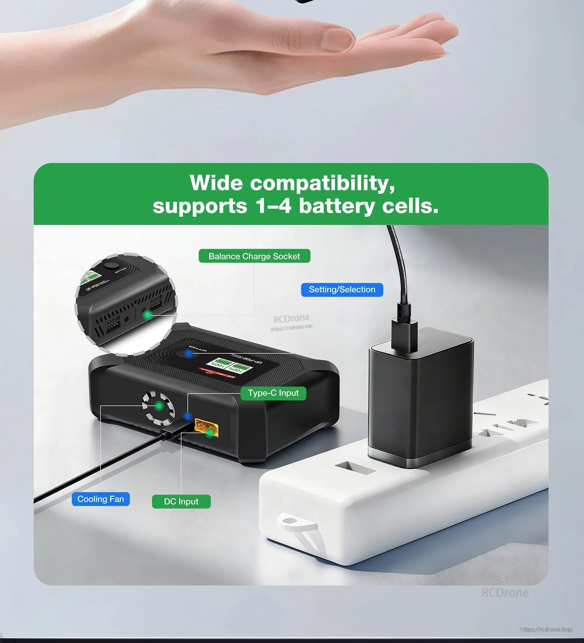 UP-PD2 charger connected to USB‑C PD power adapter; labeled Type‑C input, DC input, fan and balance ports