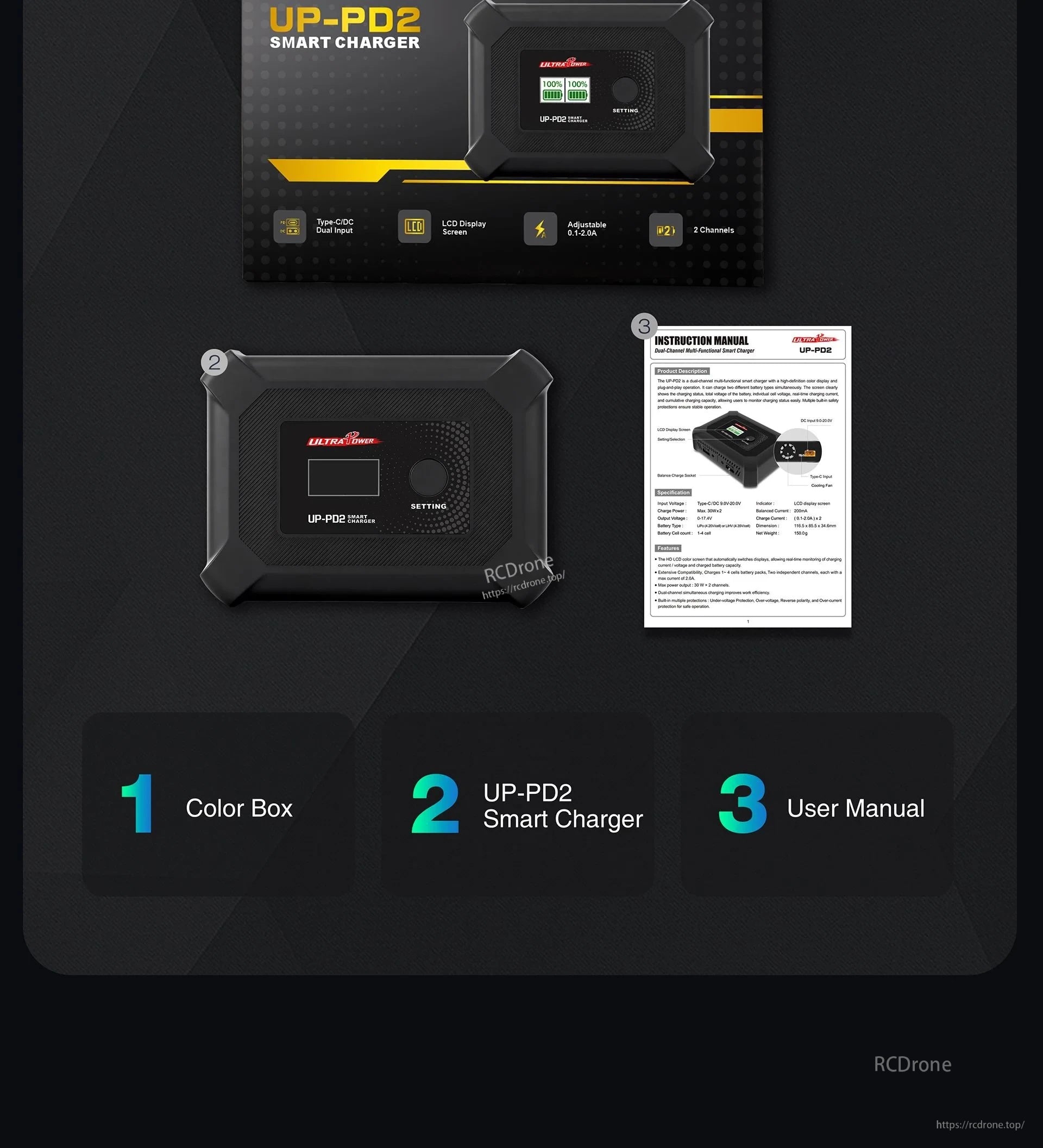 Package contents for Ultra Power UP-PD2: color box, smart charger unit, and printed user manual