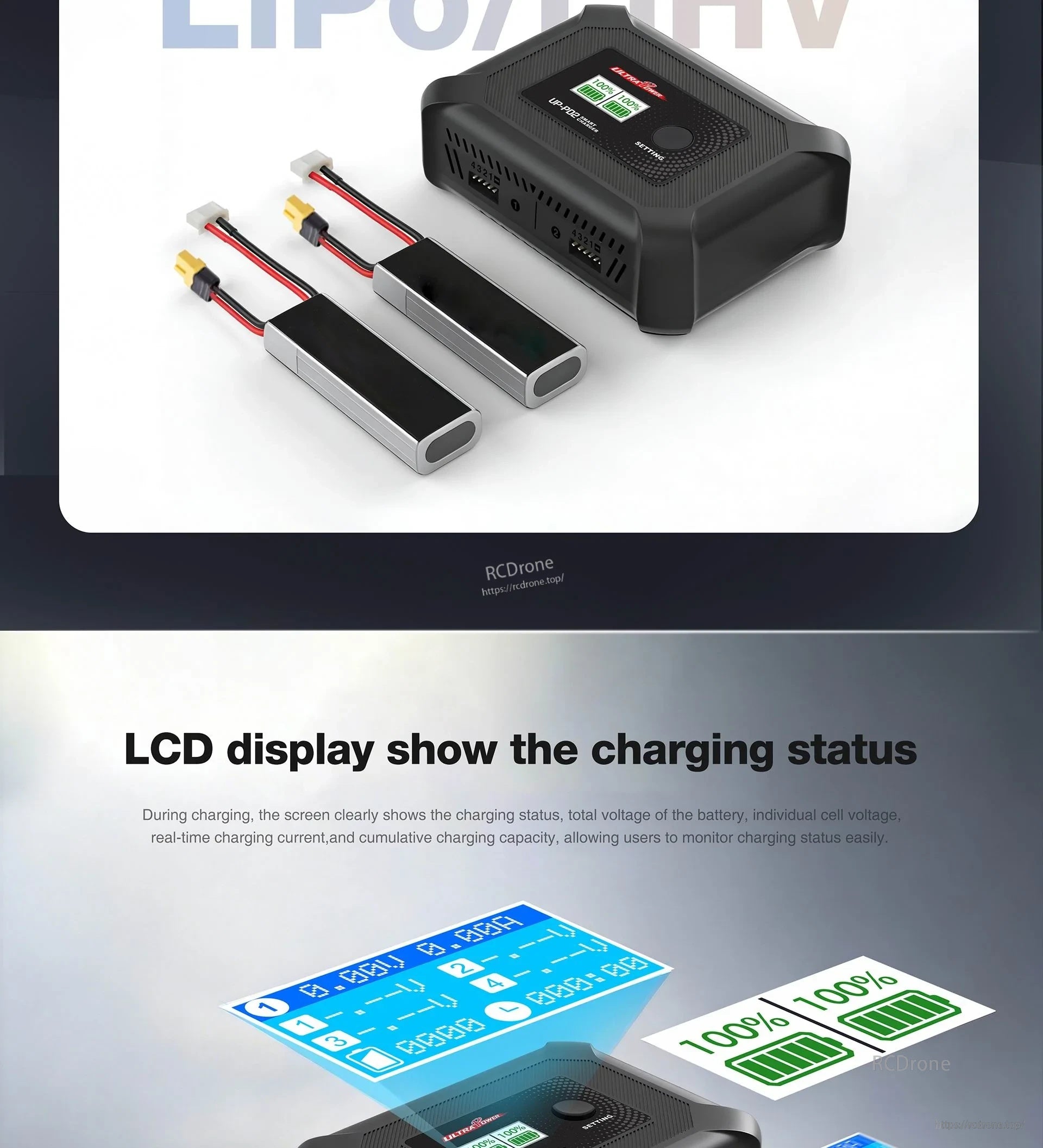 UP-PD2 charger with two battery charge leads and balance connectors on a white background