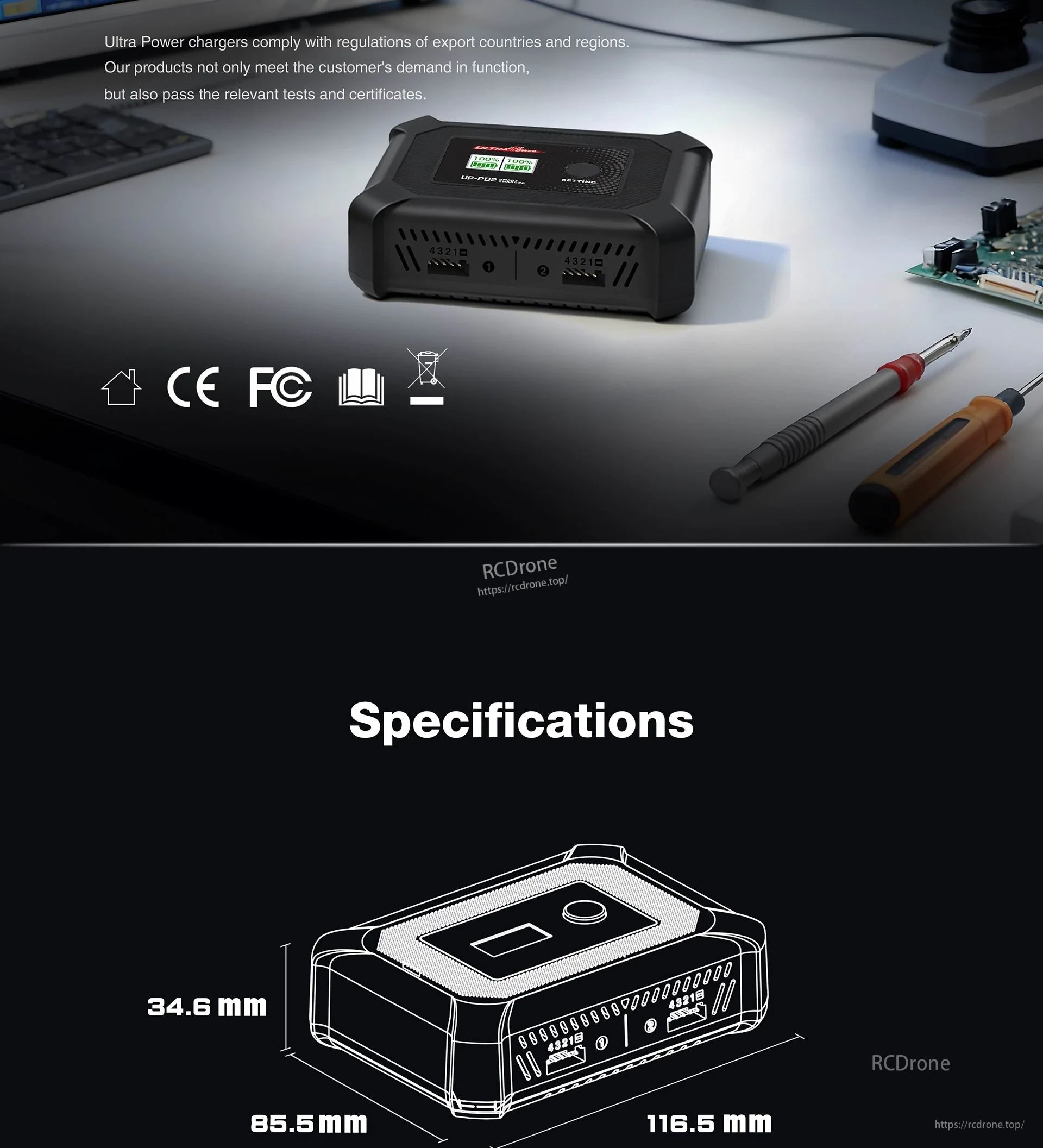 UP-PD2 on workbench with CE and FCC icons plus crossed-out wheeled bin symbol; specifications sketch below