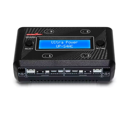 Ultra Power UP-S4AC Four-Channel AC/DC Charger, Ultra Power UP-S4AC: 2S LiPo/LiHV 4-channel AC/DC charger with dual ports, multiple connectors, and digital display for efficient battery charging.