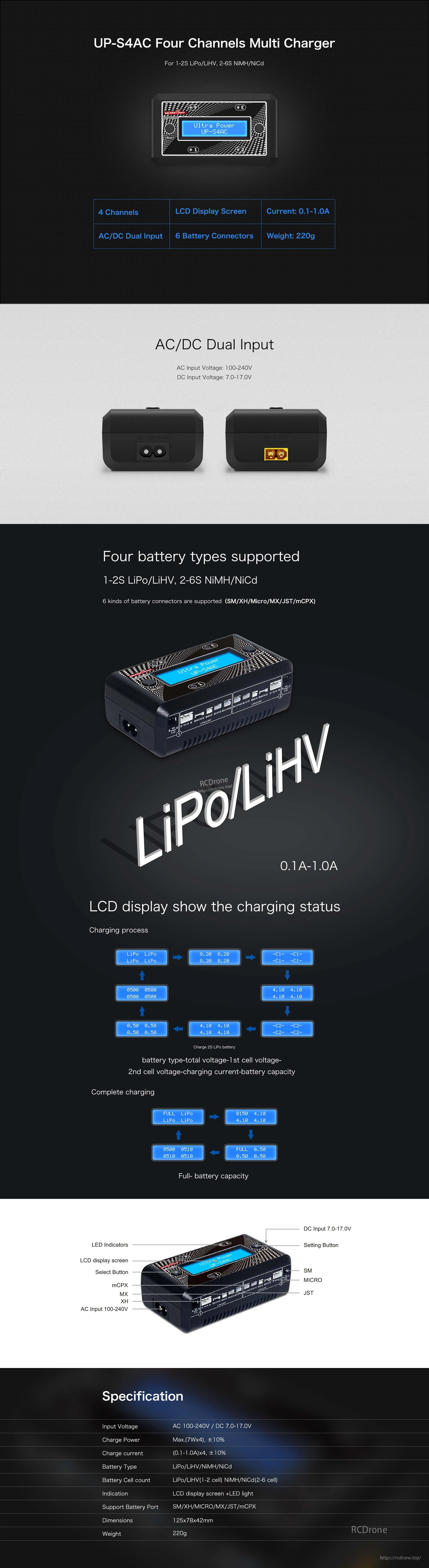 Ultra Power UP-S4AC Four-Channel AC/DC Charger, Ultra Power UP-S4AC: 4-channel AC/DC charger for LiPo/LiHV, NiMH/NiCd; LCD, 6 connectors, 0.1-1.0A current; 220g, 125x78x43mm.