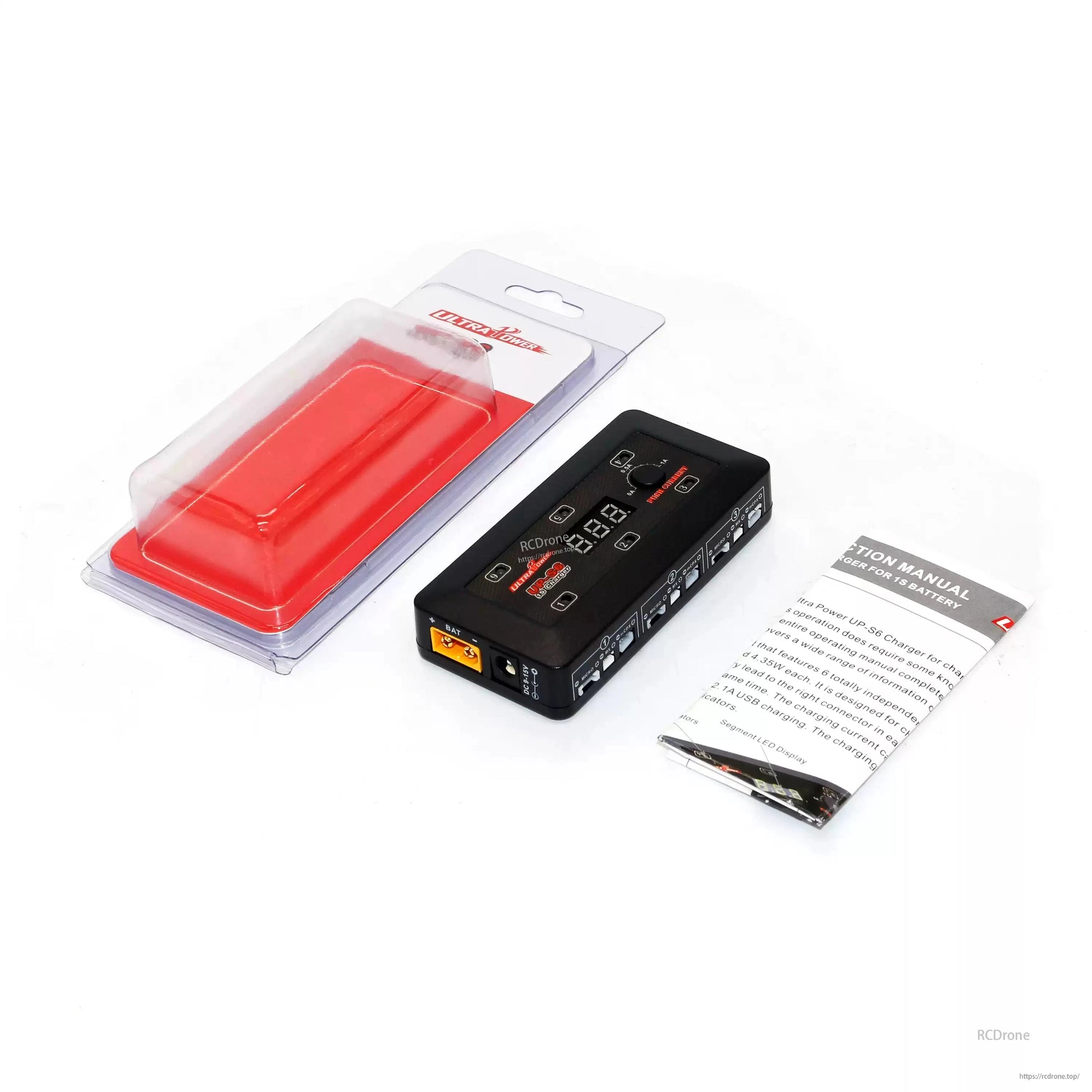 Ultra Power UP-S6 6×1S LiPo/LiHV DC Charger, Ultra Power UP-S6 6X1S LiPo/LiHV DC Charger, Ultra Power UP-S6 charges 1S LiPo/LiHV batteries via 6 independent channels, with digital display, USB input, and manual for safe, precise charging.