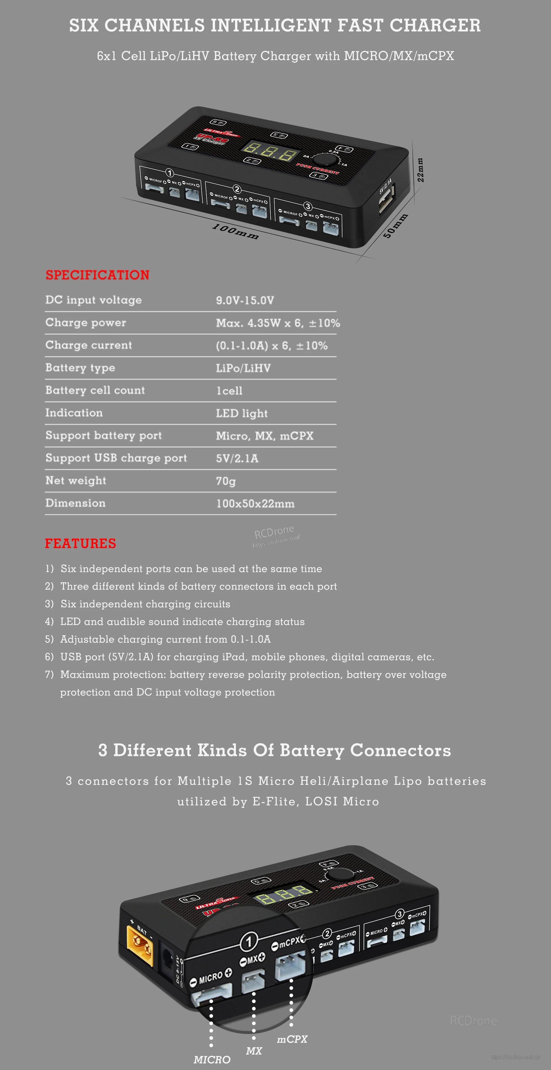 Ultra Power UP-S6 6×1S LiPo/LiHV DC Charger, Compact six-channel charger for 1S LiPo/LiHV batteries with multiple connectors, USB port, adjustable current, protections, and LED indicators; ideal for small drones. (24 words)