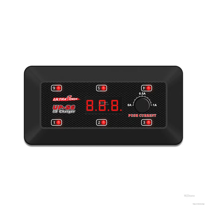Ultra Power UP-S6 6×1S LiPo/LiHV DC Charger, Ultra Power UP-S6 6X1S LiPo/LiHV DC Charger, Ultra Power UP-S6 1S charger features a digital display, current selector, and six indicator lights to monitor battery charging status.