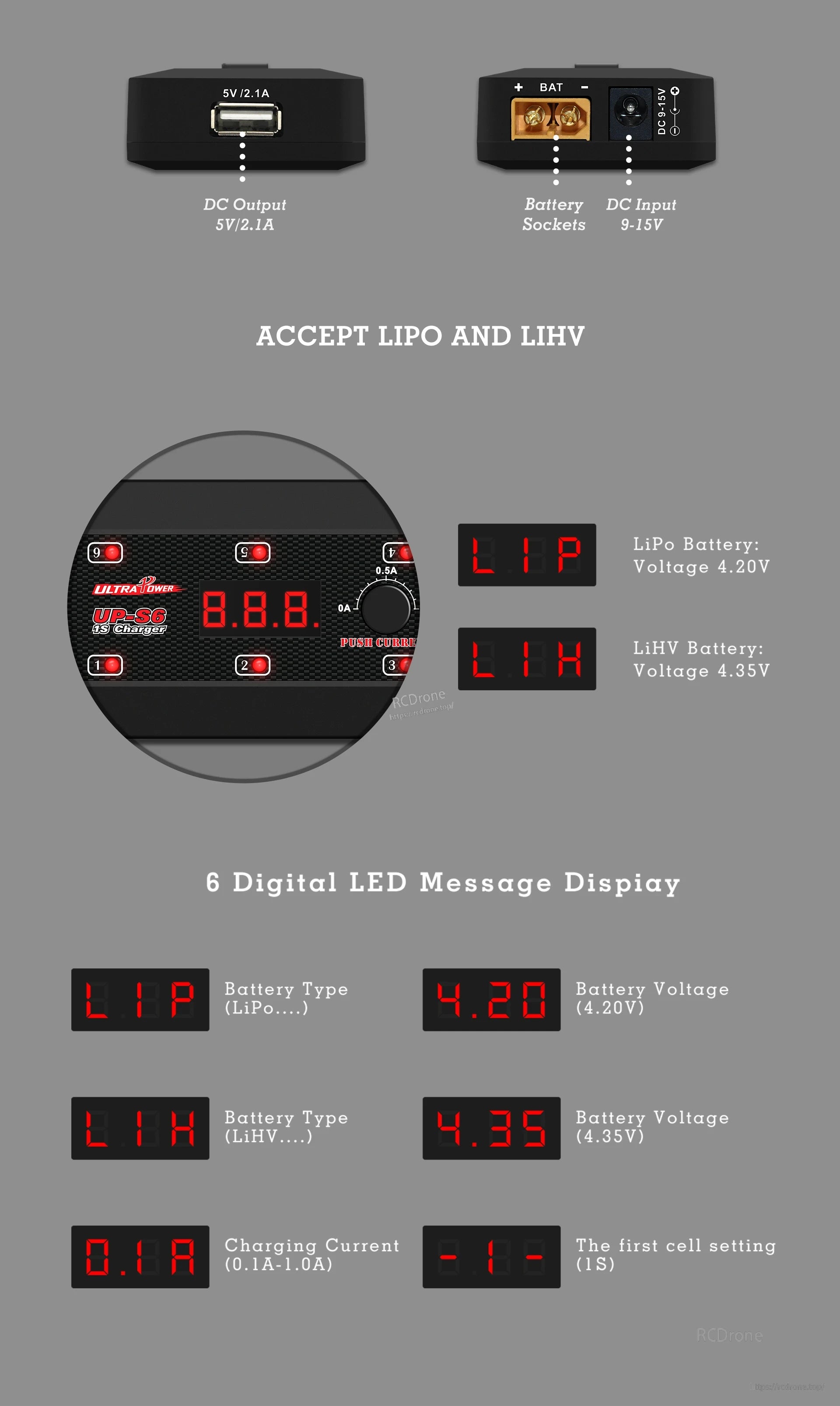 Ultra Power UP-S6 6×1S LiPo/LiHV DC Charger, Ultra Power UP-S6 charger handles LiPo/LiHV batteries, features 5V/2.1A output, 9-15V input, battery sockets, and a 6-digit LED display showing voltage, current, cell count, and type.