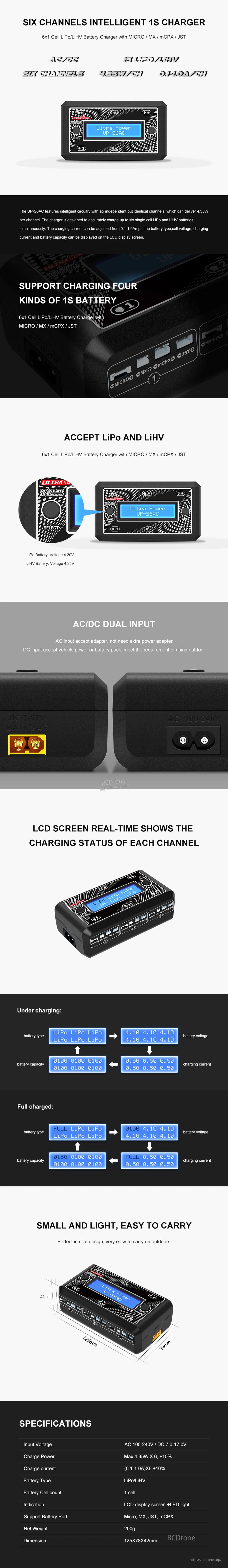Ultra Power UP-S6AC 6x1S LiPo/LiHV AC/DC Charger, Compact 6-channel 1S LiPo/LiHV charger with LCD, AC/DC input, real-time monitoring, 0.1–1.0A adjustable current, and MICRO/MX/mCPX/JST support.