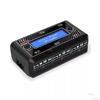 Ultra Power UP-S6AC 6x1S LiPo/LiHV AC/DC Charger, Ultra Power UP-S6AC 6X1S LiPo/LiHV AC/DC Charger, Ultra Power UP-S6AC 6X1S LiPo/LiHV charger features digital display, multiple ports (MICRO, MX, mCPX, JST), AC 110-240V input, and control buttons for easy settings.