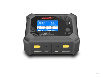 Ultra Power UP10 dual-channel smart charger for LiPo 6S displays voltage, current, capacity, and charge level with balance sockets, temperature sensors, and LCD screen.