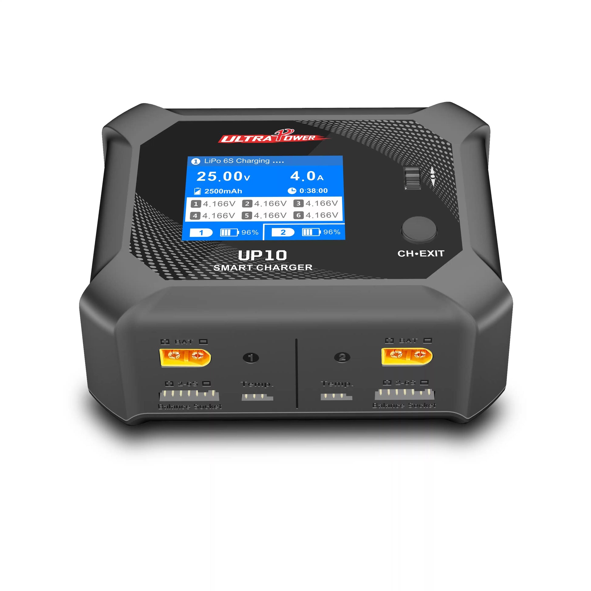 Ultra Power UP10 Smart Charger: 25V, 4A, dual-channel LiPo 6S charger with balance sockets, temperature monitoring, 96% charge level, and CH-EXIT button.