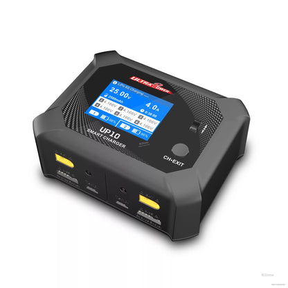Ultra Power UP10 smart charger: 25V, 4A output, dual-channel LiPo 6S charging with balance ports, CH-EXIT button, and real-time display of voltage, current, time, and charge level.