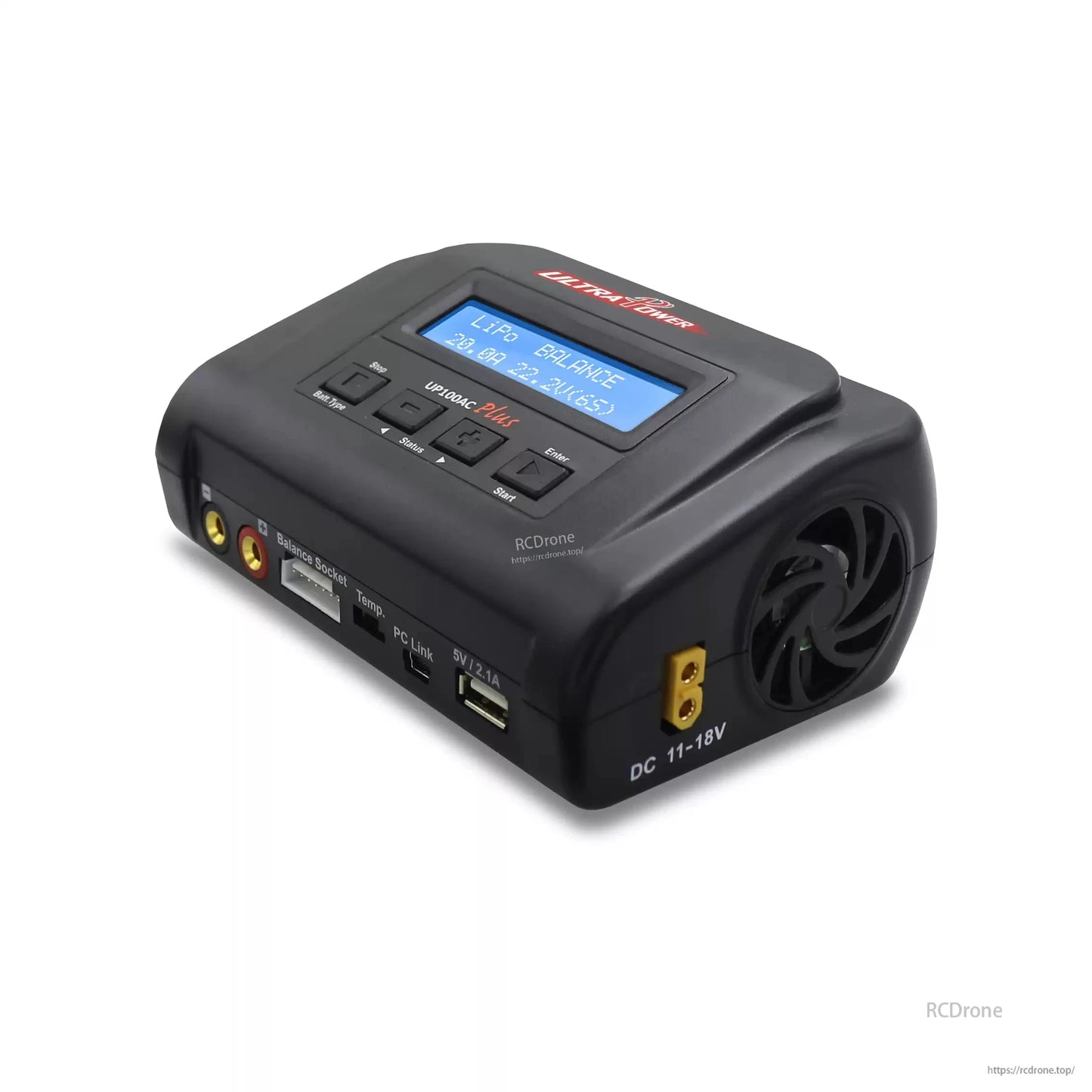 Ultra Power UP100AC Plus: 100W 10A LiPo balance charger with LCD, DC 11-18V input, cooling fan, PC link, and intuitive button controls for various battery functions.