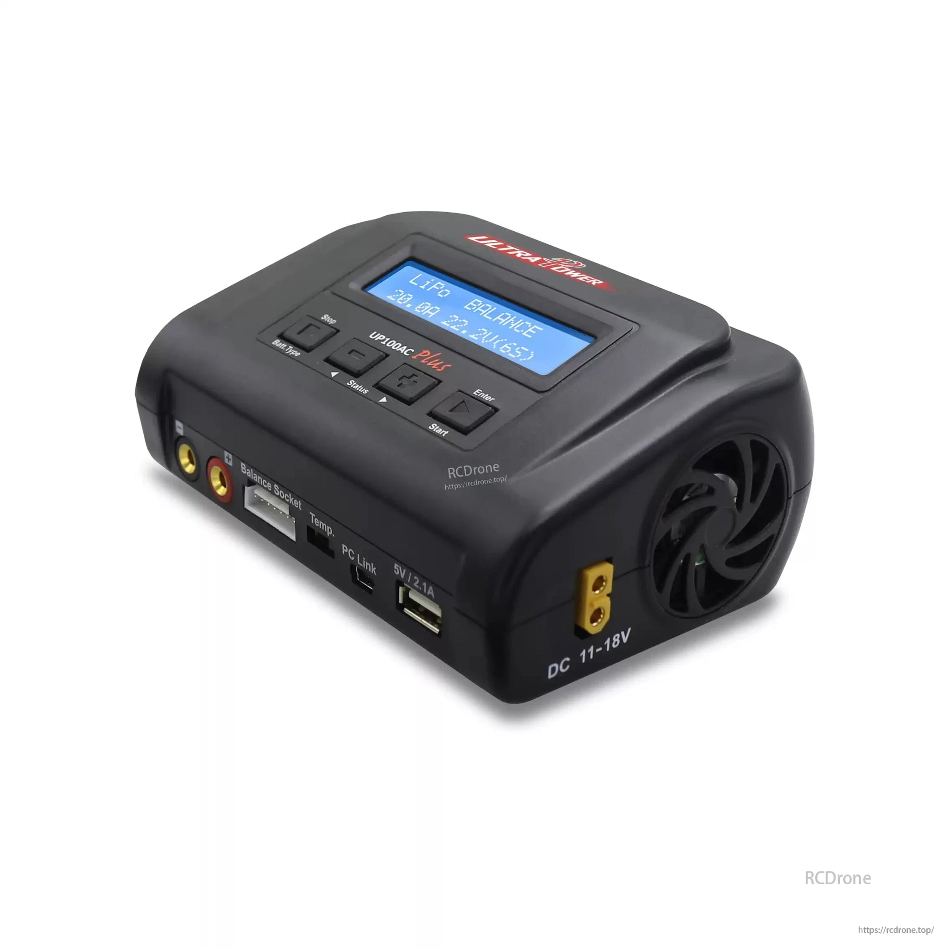 Ultra Power UP100AC Plus: 100W 10A LiPo balance charger with LCD, DC 11-18V input, cooling fan, PC link, and intuitive button controls for various battery functions.