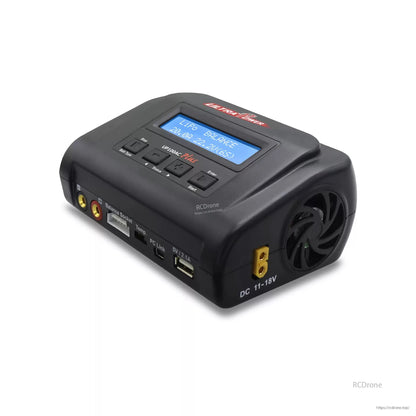 Ultra Power UP100AC Plus: 100W 10A LiPo balance charger with LCD, DC 11-18V input, cooling fan, PC link, and intuitive button controls for various battery functions.