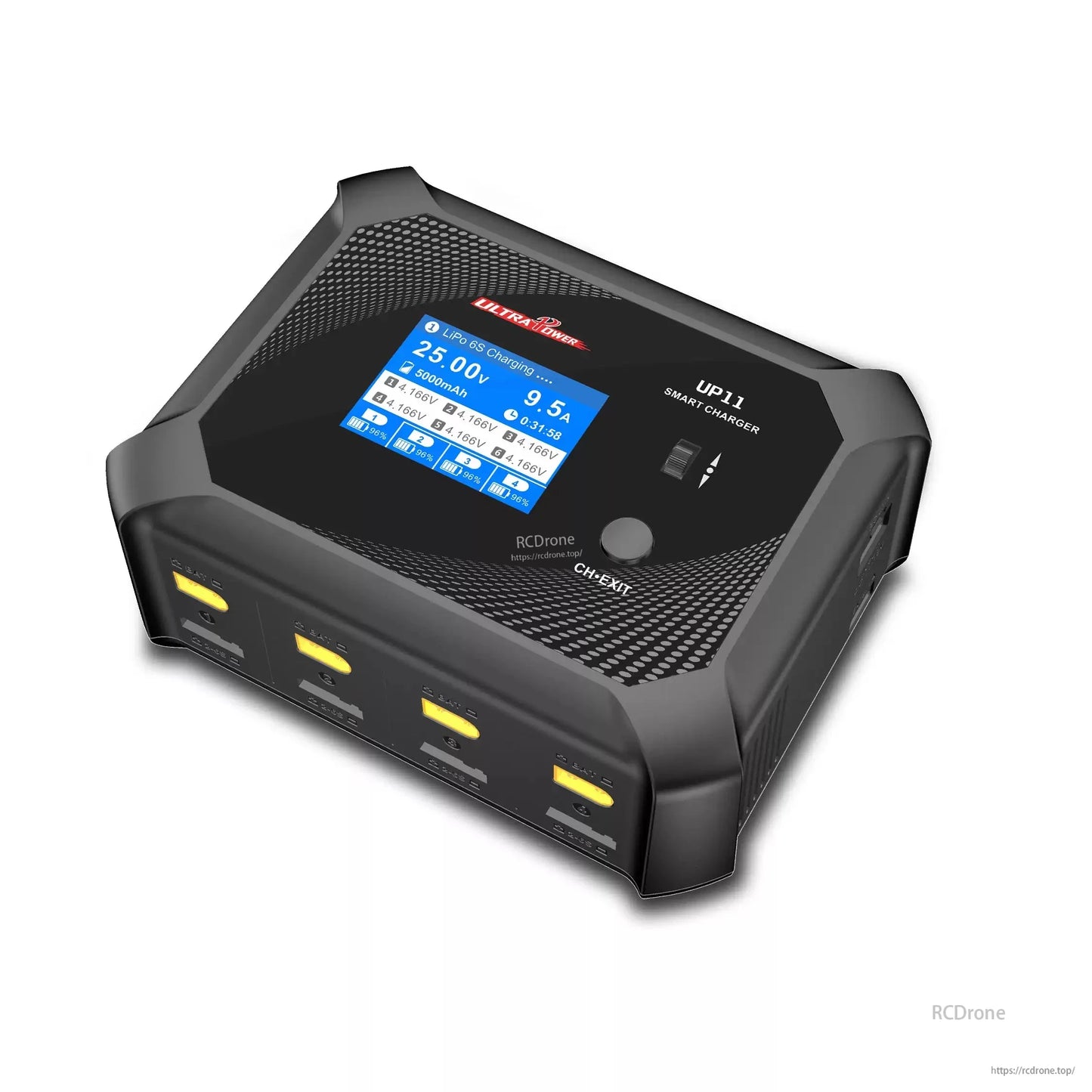 Ultra Power UP11 600W smart charger: four-channel, digital display, LiPo 6S charging at 25V/9.5A, 98% charged, precise monitoring, multiple ports, LED indicators, efficient and safe battery management. (24 words)