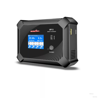 Ultra Power UP11 600W smart charger balances LiPo 6S batteries, displays voltage, current, capacity, time, and cell voltage, with USB ports and CH·EXIT button.
