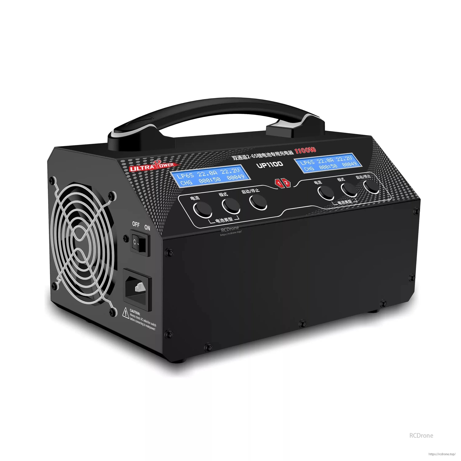 Ultra Power UP1100 Dual-Channel 1100W Charger, Ultra Power UP1100: 1100W dual-channel LiPo/LiHV charger, 22A/channel, 2–6S, AC input, LCD, balancer, fan, and controls.