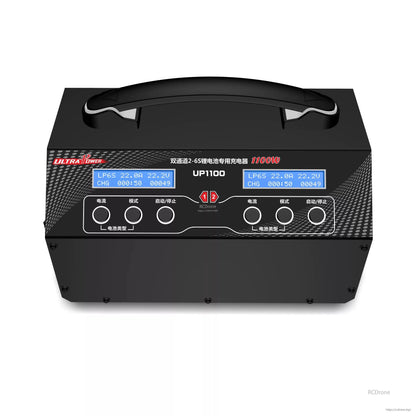 Ultra Power UP1100 Dual-Channel 1100W Charger, The Ultra Power UP1100 is a compact, dual-channel 1100W charger for 2–6S LiPo/LiHV batteries, featuring independent controls, dual LCDs, and 1.5A/cell balancing.