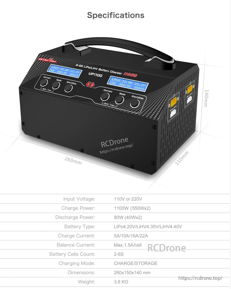 Ultra Power UP1100 Dual-Channel 1100W Charger, The Ultra Power UP1100 is a dual-channel 1100W charger for 2–6S LiPo/LiHV batteries, with 5–22A charging, 80W discharging, and 110V/220V input.