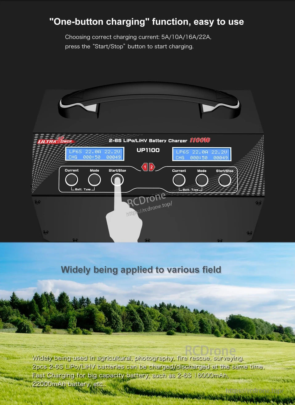 Ultra Power UP1100 Dual-Channel 1100W Charger, Ultra Power UP1100 offers one-button, dual-channel fast charging for 2–6S LiPo/LiHV batteries, ideal for high-capacity drone applications.