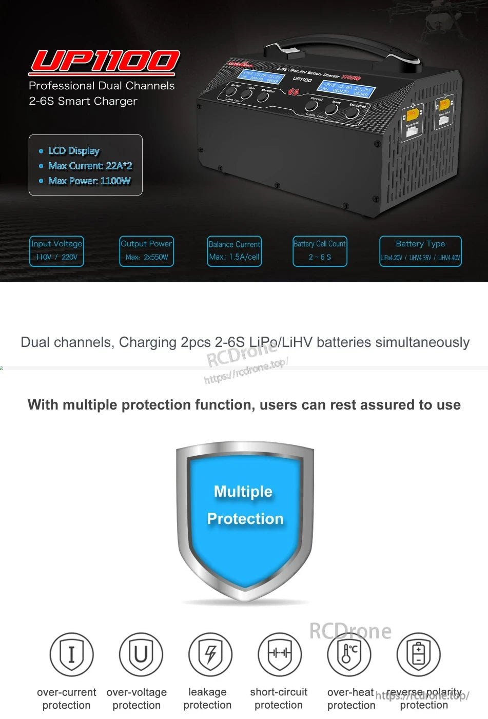 Ultra Power UP1100 Dual-Channel 1100W Charger, Ultra Power UP1100: 1100W dual-channel smart charger for 2-6S LiPo/LiHV, with LCD, 22A per channel, safety protections, and simultaneous charging.