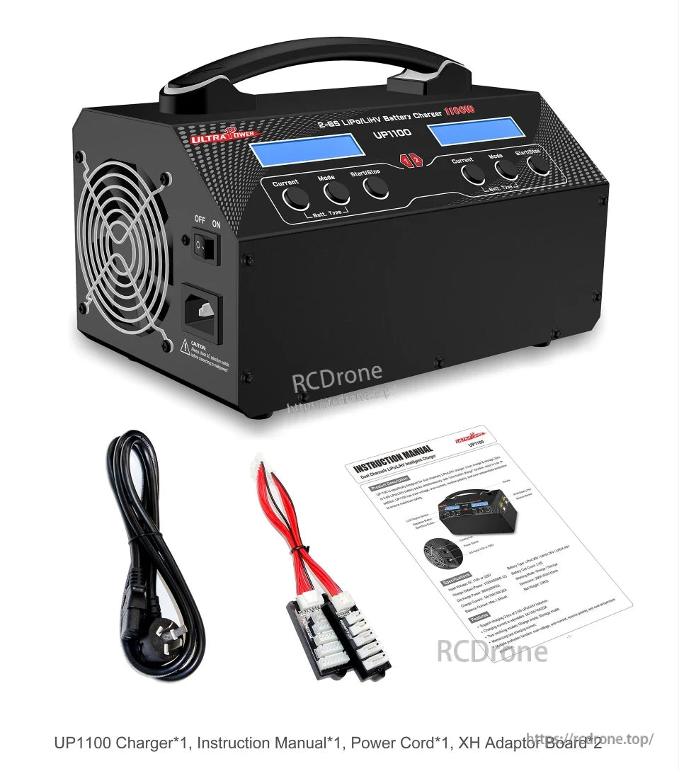 Ultra Power UP1100 Dual-Channel 1100W Charger, Ultra Power UP1100: 1100W dual-channel LiPo/LiHV charger with display, fan, adapters, cord, and manual.