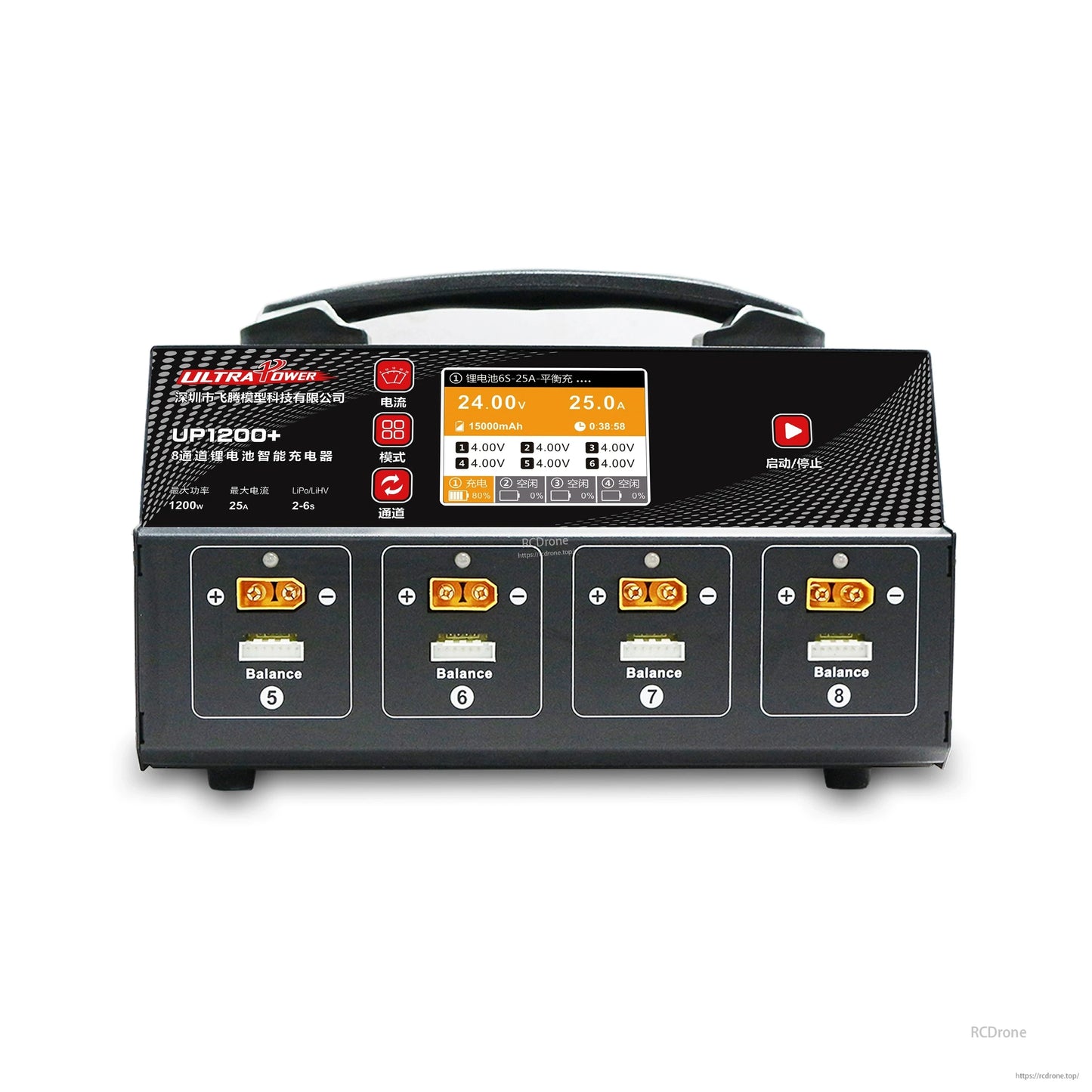 Ultra Power UP1200+ is a 1200W, 8-channel charger for 2–6S LiPo/LiHV batteries with LCD, balance/storage modes, and intuitive multi-battery charging.