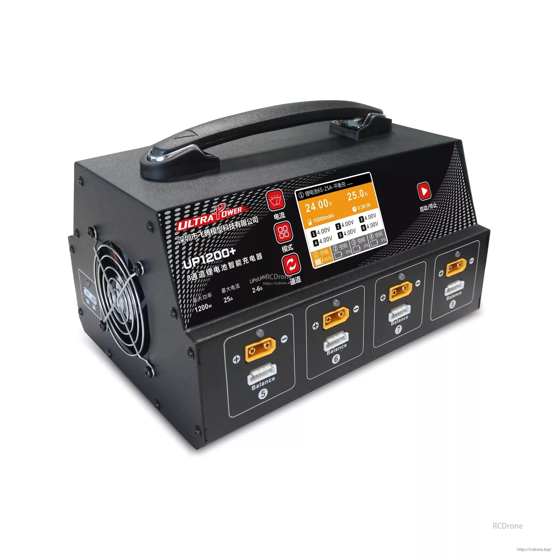Ultra Power UP1200+ 1200W 8-channel LiPo charger with LCD, balance/storage modes, and intuitive controls for 2–6S batteries.