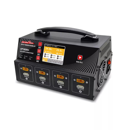 The Ultra Power UP1200+ is a 1200W, 8-channel LiPo/LiHV charger with LCD, balance/storage modes, and multiple outputs.