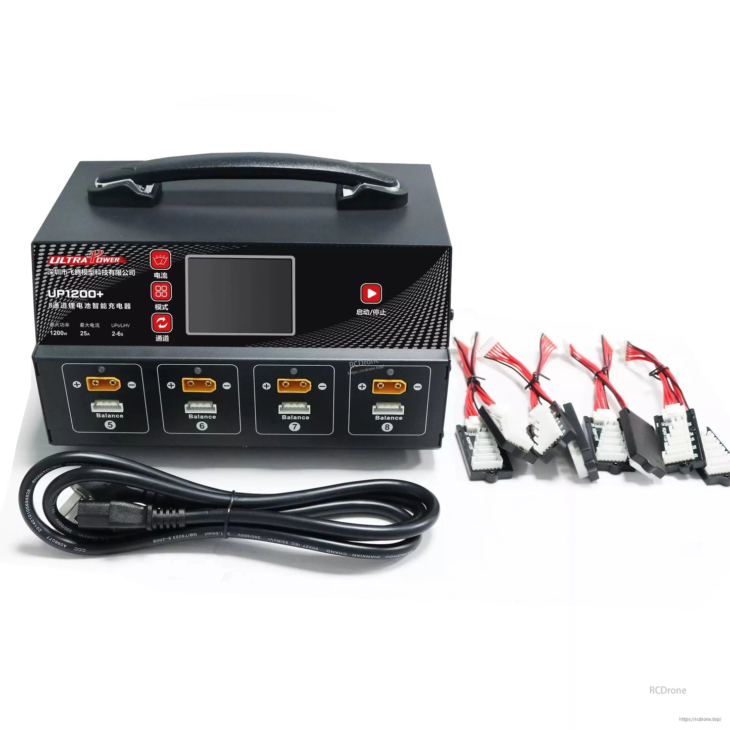 The Ultra Power UP1200+ is a 1200W, 8-channel charger for 2–6S LiPo/LiHV batteries, featuring a 3.2" LCD and multiple charging modes.