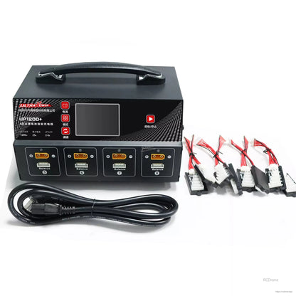 The Ultra Power UP1200+ is a 1200W, 8-channel charger for 2–6S LiPo/LiHV batteries, featuring a 3.2" LCD and multiple charging modes.