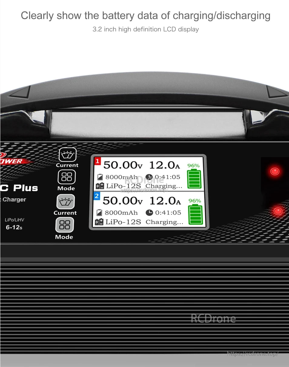 Ultra Power UP1200AC Plus Dual-Channel Charger, The Ultra Power UP1200AC Plus shows real-time charging data on a 3.2" LCD, featuring dual-channel control for a 12S LiPo battery.