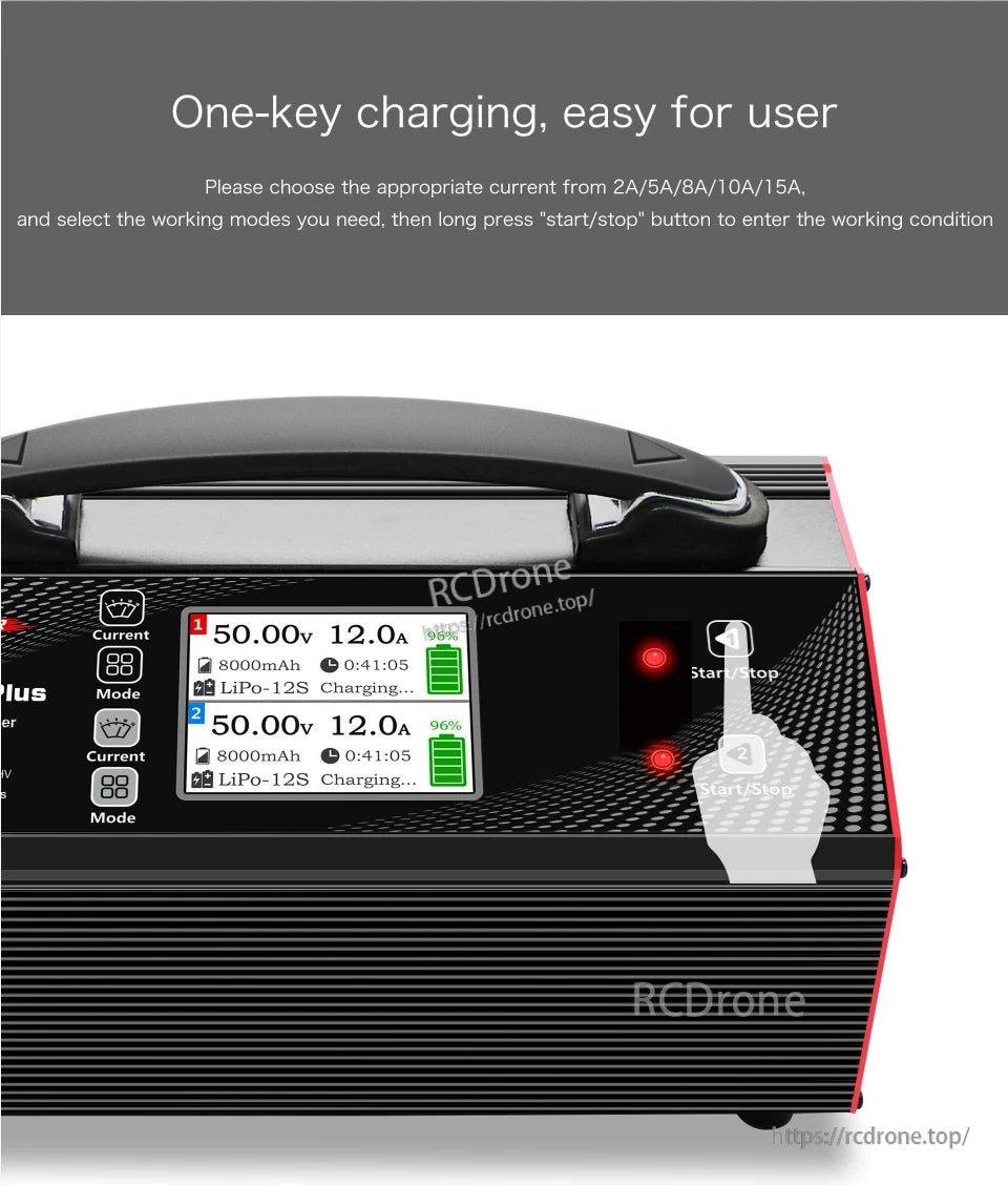 Ultra Power UP1200AC Plus Dual-Channel Charger, One-key charging simplifies operation; select current/mode, long-press start/stop, and view dual-channel status with voltage, amperage, capacity, and battery level.