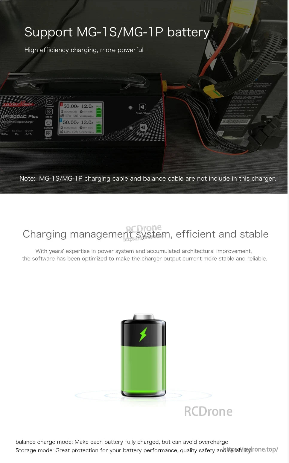 Ultra Power UP1200AC Plus Dual-Channel Charger, Charges MG-1S/MG-1P batteries efficiently with overcharge protection, balance, and storage modes; cables not included.