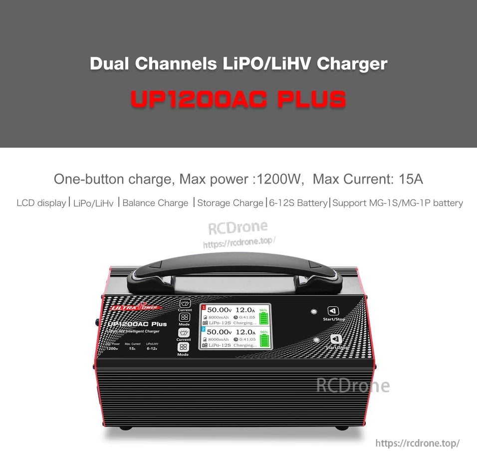 Ultra Power UP1200AC Plus Dual-Channel Charger, 1200W dual-channel LiPo/LiHV charger with 15A, LCD, one-button control, and support for 6–12S and MG-1S/MG-1P batteries.