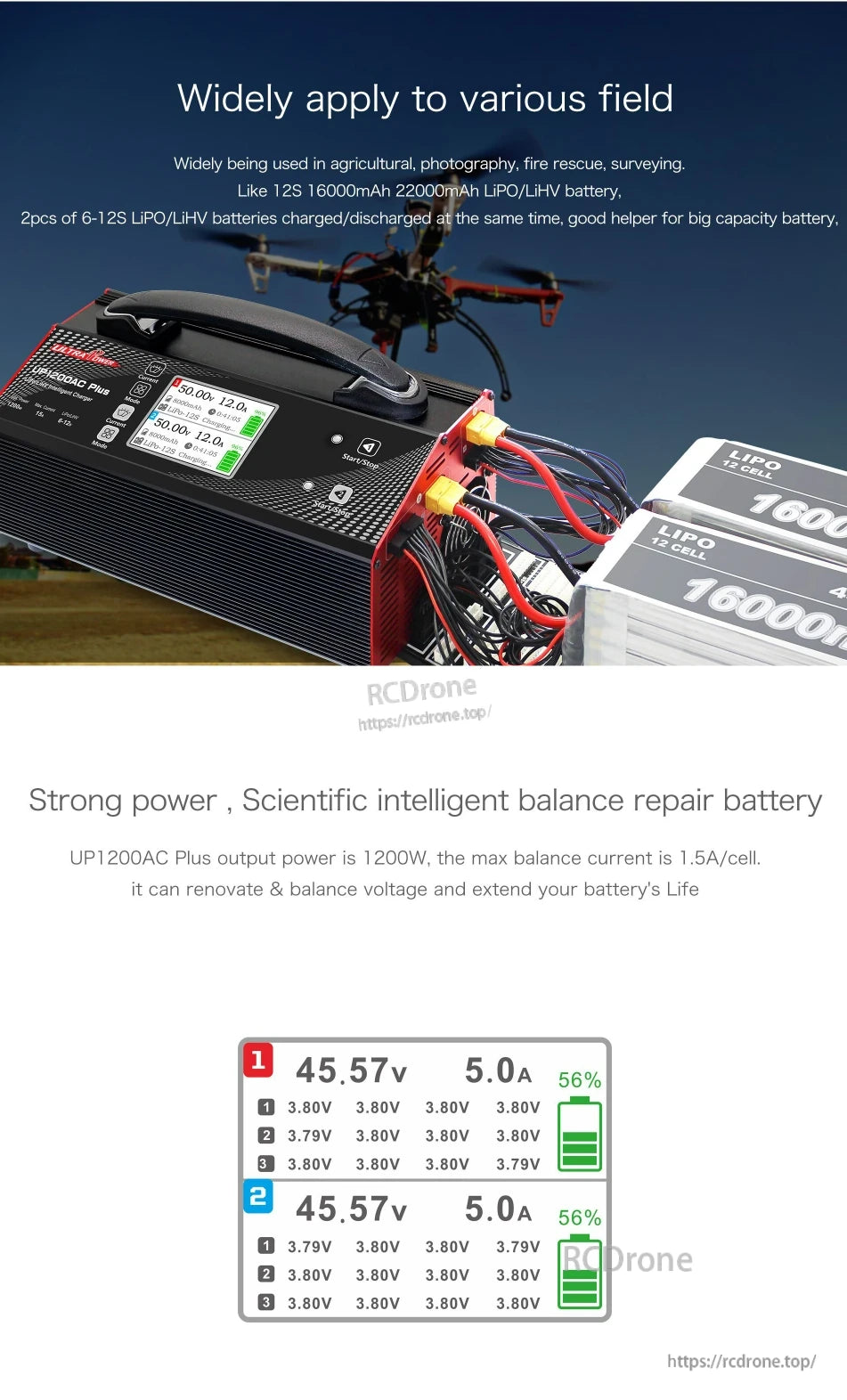 Ultra Power UP1200AC Plus Dual-Channel Charger, The Ultra Power UP1200AC Plus charges two LiPo/LiHV batteries at once, offering 1200W power and intelligent balancing to extend battery life.