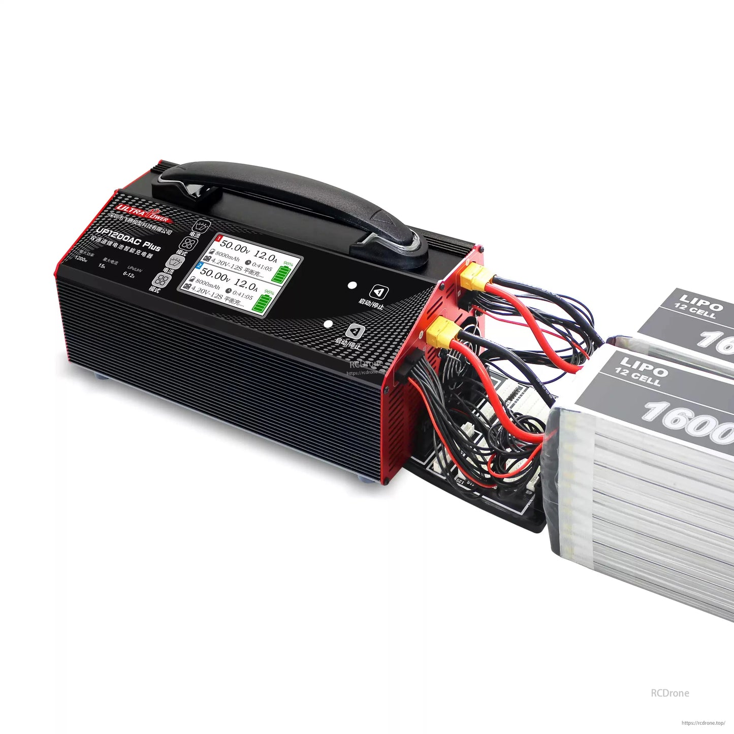 Ultra Power UP1200AC Plus Dual-Channel Charger, 1200W dual-channel LiPo charger with 3.2" LCD, supports 6–12S, 15A max, AC 110/220V, charges two batteries simultaneously.