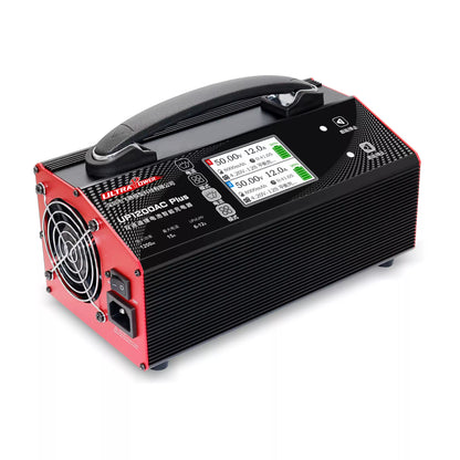 Ultra Power UP1200AC Plus Dual-Channel Charger, The Ultra Power UP1200AC Plus is a 1200W dual-channel charger for 6–12S LiPo/LiHV batteries, featuring a 3.2" LCD and AC input.