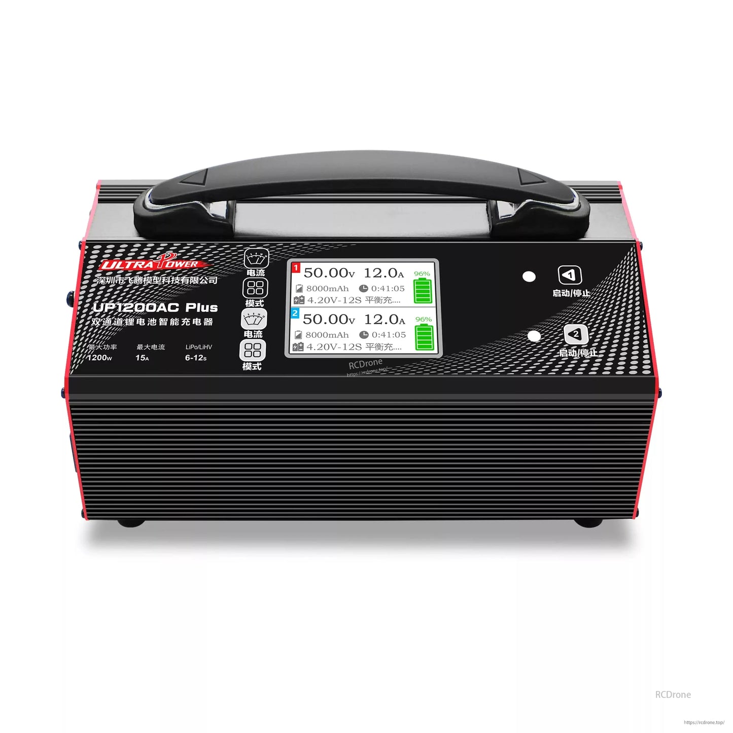 Ultra Power UP1200AC Plus Dual-Channel Charger, The Ultra Power UP1200AC Plus is a 1200W dual-channel LiPo/LiHV charger with AC input and a 3.2-inch LCD display.