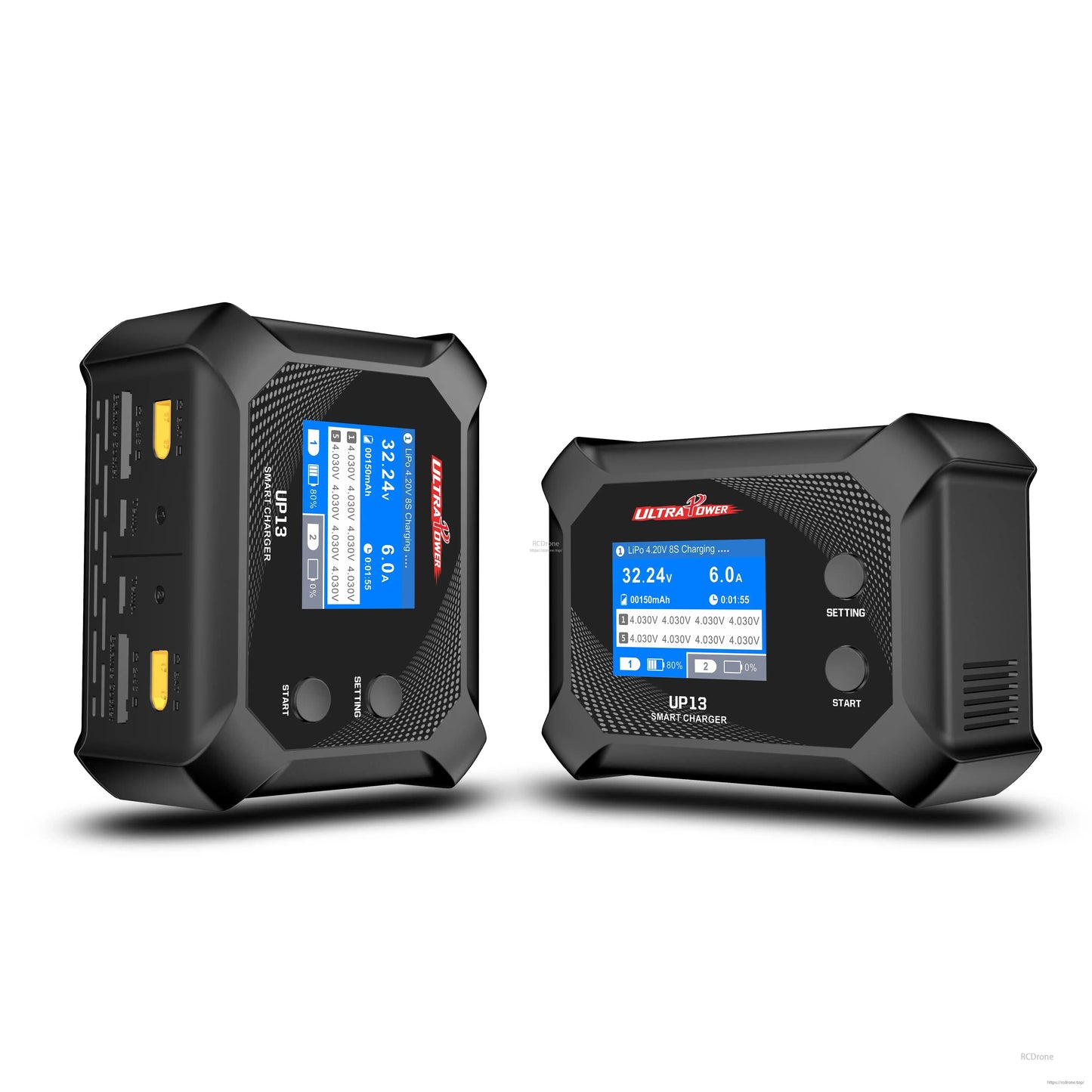 Ultra Power UP13 200W 10A dual-channel smart charger for 2S-8S batteries, featuring independent outputs, digital display, and user-friendly buttons.