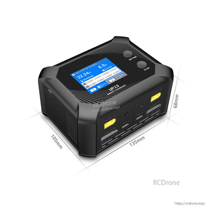 Ultra Power UP13 200W dual-channel charger for 2S-8S batteries, features independent outputs, digital display, compact 135x105x68mm design.