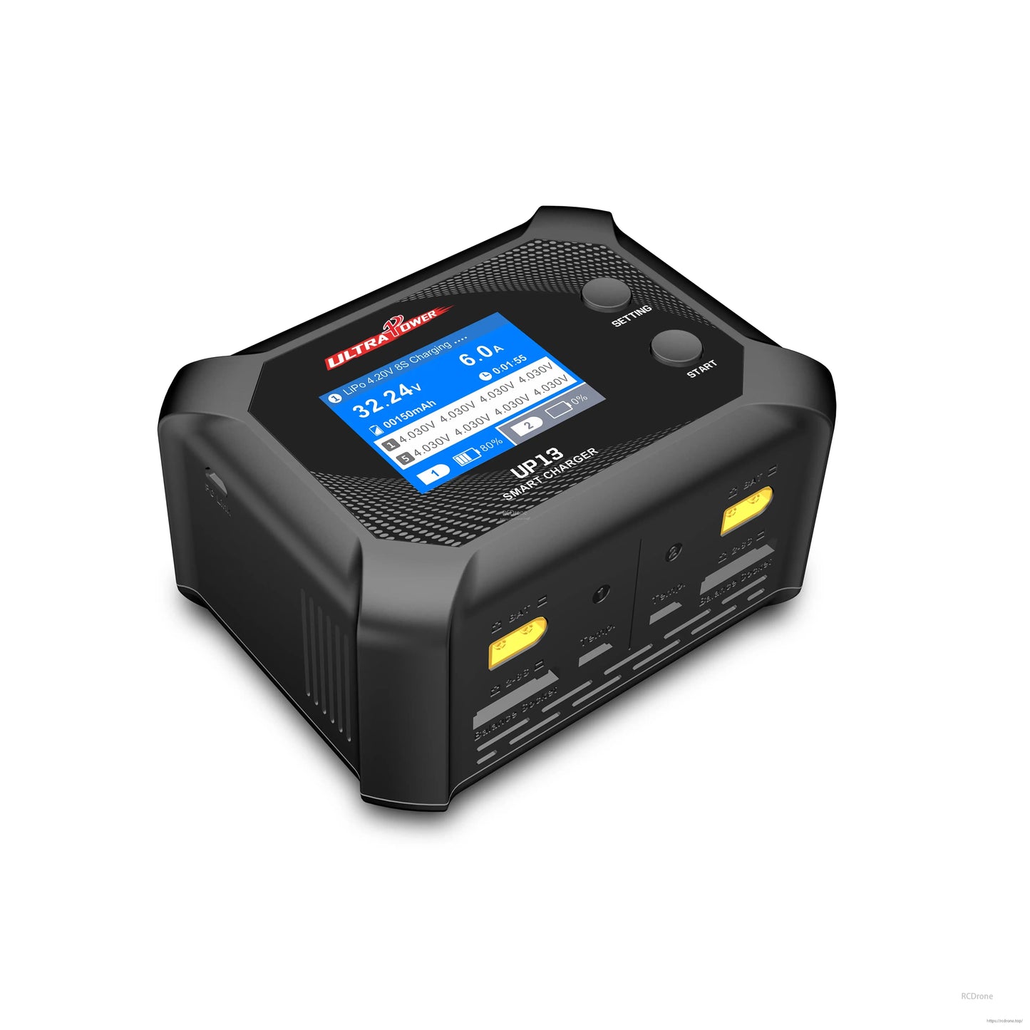 The Ultra Power UP13 Smart Charger features dual channels, 200W/10A output, real-time LCD monitoring, and safety protections for efficient, precise 2S-8S battery charging.