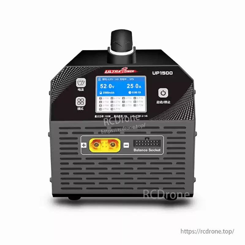 Ultra Power UP1500: 1500W, 30A charger for 6–14S LiPo/LiHV, with LCD, balance socket, and AC 100–240V input.