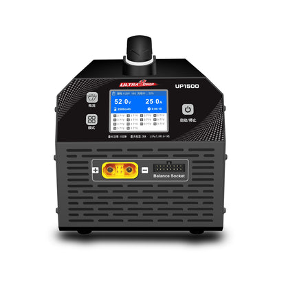 The Ultra Power UP1500 charger supports 6–14S LiPo/LiHV, up to 1500W/30A, with a 2.4" LCD and balance socket.