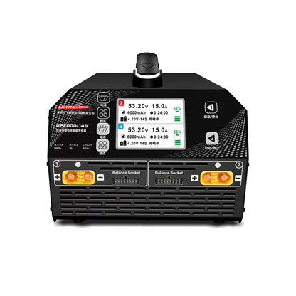Ultra Power UP2000-14S: 2000W dual-channel charger for 6–14S LiPo/LiHV batteries, 30A max, with balance sockets, digital display, and start/stop controls.