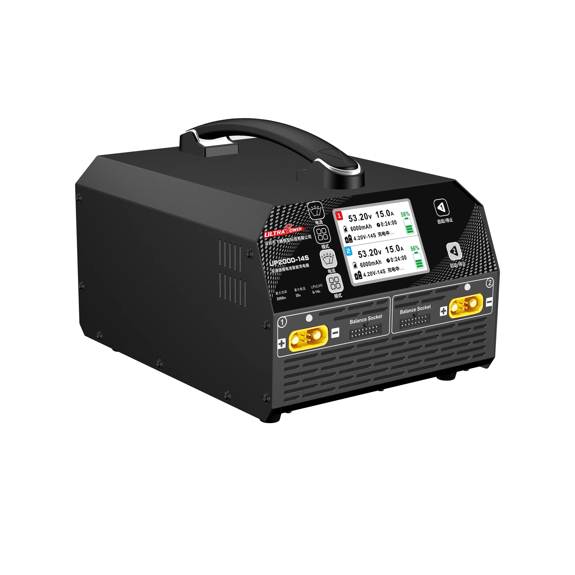 Ultra Power UP2000-14S: 2000W dual-channel charger, 30A, 6–14S LiPo/LiHV, AC 100–240V, digital display, balance sockets, multiple modes for efficient battery charging.