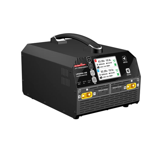 Ultra Power UP2000-14S: 2000W dual-channel charger, 30A, 6–14S LiPo/LiHV, AC 100–240V, digital display, balance sockets, multiple modes for efficient battery charging.