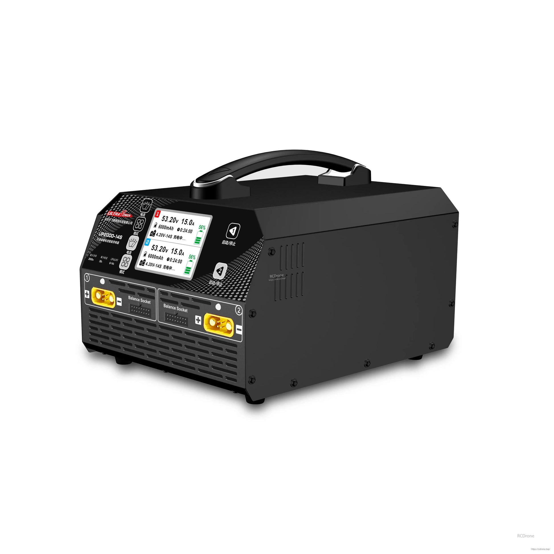 The Ultra Power UP2000-14S is a dual-channel intelligent charger designed for LiPo and LiHV batteries with a maximum power output of 2000W.
